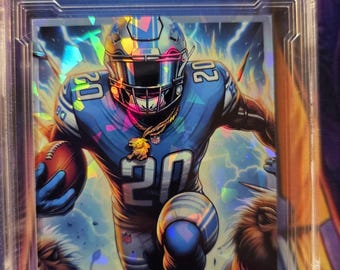 May include: A Barry Sanders 2024 CollectorsXT original novelty trading card. The card features an illustration of Barry Sanders in a Detroit Lions uniform, with the number 20. The card is encased in a protective holder and is labeled "Authentic."