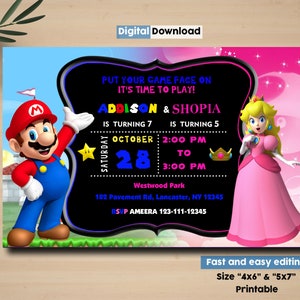 Convite de aniversário de Mario e Princesa Peach, convite de aniversário duplo, convite de aniversário de gêmeos combinados duplos, convite duplo de menino e menina