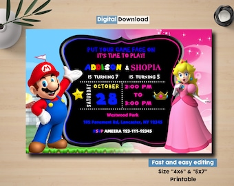 Mario en Princess Peach verjaardagsuitnodiging, dubbele verjaardagsuitnodiging, dubbele gecombineerde tweeling verjaardag uitnodigen, jongen en meisje dubbele uitnodigen