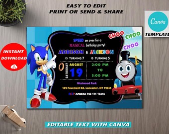 Sonic Thomas Geburtstagseinladung: Zwillinge, Doppeleinladung (Canva Template)