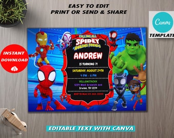 Plantilla de invitación de cumpleaños de Spidey y sus amigos: invitación digital editable