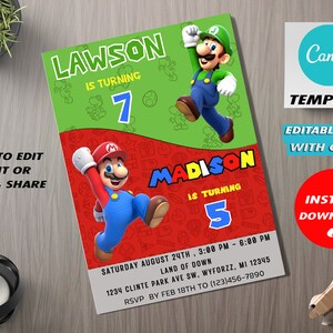 Editable Mario And Luigi Birthday Invitation, Dual Combined Twins Birthday Invitation, Boy And Girl Double Invite, Two Theme Invitation