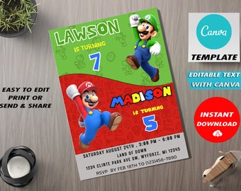 Convite de Aniversário do Mario e Luigi: Convite Duplo para Gêmeos (Download Digital)
