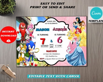 Sonic & Princess Sibling Geburtstagseinladung (Digitaler Download)