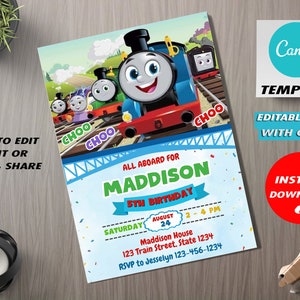 Plantilla editable de invitación de cumpleaños de Thomas The Train, Thomas y sus amigos, invitación de cumpleaños de tren, invitación de tren, invitación digital