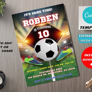 Fußball-Geburtstagseinladung, bearbeitbare Fußballeinladung, Fußballeinladung, Fußball einladen, Fußballpartydesign, Sportgeburtstag lädt ein