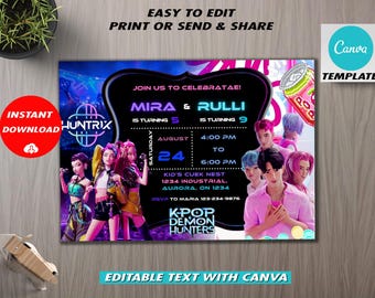 KPop Demon Hunter Birthday Invitation | Editable Canva Template (Digital Download)