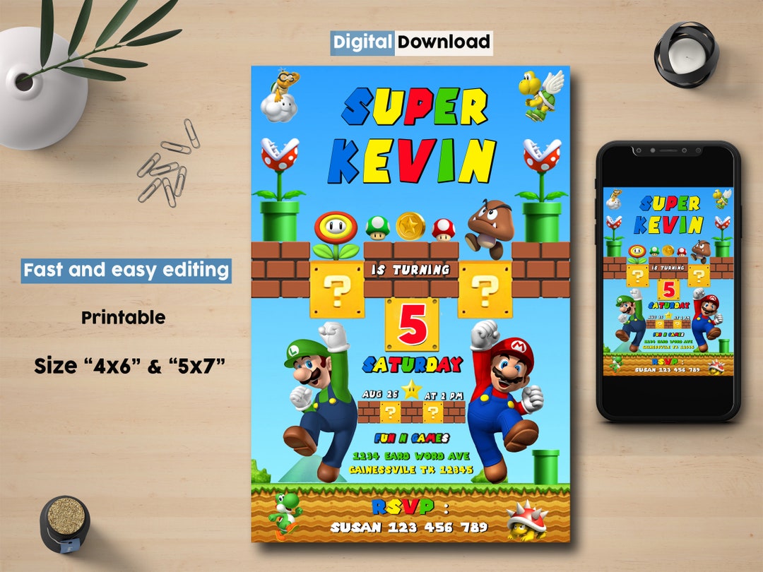 Super Mario Birthday Invitation, Printable Birthday Invitation, Super Mario Digital Invitation ...