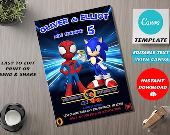 Sonic Spiderman Zwillinge Geburtstagseinladung Vorlage (Digitaler Download)