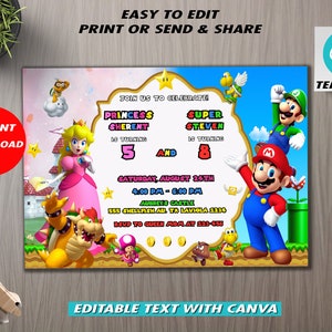 Convite de aniversário editável de Mario e Princesa Peach, convite de aniversário de gêmeos combinados duplos, convite duplo de menino e menina, convite de gêmeos