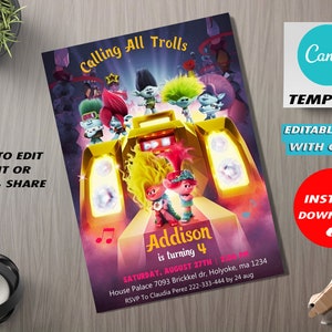 Editable Trolls Birthday Invitation, Trolls Invitation Template Canva, Printable Trolls Invitation, Poppy  Invite Template, Trolls Party