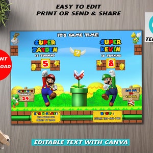 Convite de aniversário do Super Mario, convite de aniversário duplo, convite de aniversário de gêmeos combinados duplos, convite duplo de menino e menina, dois nomes