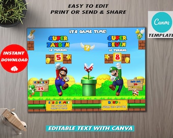 Convite de aniversário do Super Mario: Festa de gêmeos/dupla (Modelo do Canvas)