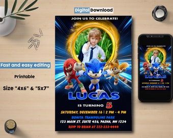 Sonic the Hedgehog verjaardagsuitnodiging, Kids digitale uitnodiging, digitale Sonic nodigt, Super Sonic verjaardagsfeestje