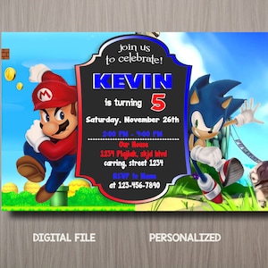 Invito di compleanno di Sonic & Mario, invito a doppio tema, doppio invito di compleanno combinato, doppio invito per ragazzi e ragazze, inviti a due temi