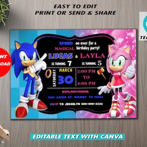 Invito di compleanno modificabile Sonic Amy Rose, modello di invito a tema doppio, invito di compleanno combinato doppio, invito doppio per ragazzo e ragazza