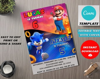 Sonic & Mario Geburtstagseinladung: Duales Thema, bearbeitbare Canva-Vorlage