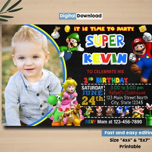 Zaproszenie urodzinowe Super Mario, Zaproszenie Super Mario, Zaproszenie na imprezę Super Mario, Cyfrowe zaproszenie Super Mario, Super Mario Bros