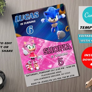 Convite de aniversário editável Sonic Amy Rose, modelo de convite com tema duplo, convite de aniversário combinado duplo, convite duplo para menino e menina