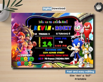 Sonic & Mario Birthday Invitation: Double Theme Party (Digital Download)