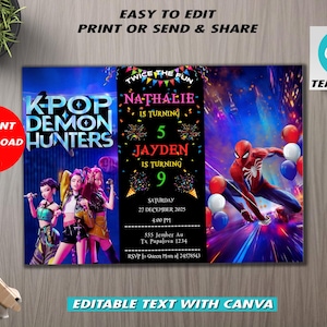 May include: A party invitation with a K-Pop theme, featuring the text "KPOP DEMON HUNTERS". The invitation includes the names Nathalie and Jayden, with their ages and party details. A Spider-Man graphic is on the right side. The invitation is easy to edit.