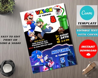 Sonic & Mario Geburtstagseinladung: Duales Thema (Digitale Einladung)