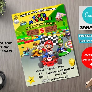 Convite de aniversário editável de Mario Kart, modelo de convite de Mario Kart, convites para festa de aniversário de Mario, desfile de aniversário de Mario Kart Drive By