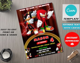 Bewerkbare Shadow Knuckles verjaardagsuitnodiging, Sonic The Hedgehog Kids Party uitnodiging, schaduw uitnodiging sjabloon, digitale verjaardagsuitnodiging