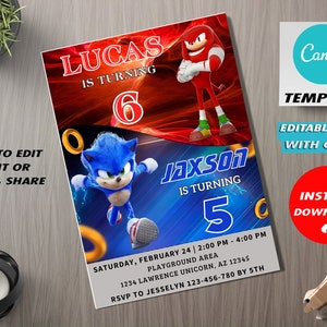 Modèle d'invitation d'anniversaire Sonic Knuckles, Invitation à thème double, Invitation d'anniversaire combinée double, Modèle d'Invitation pour garçon et fille