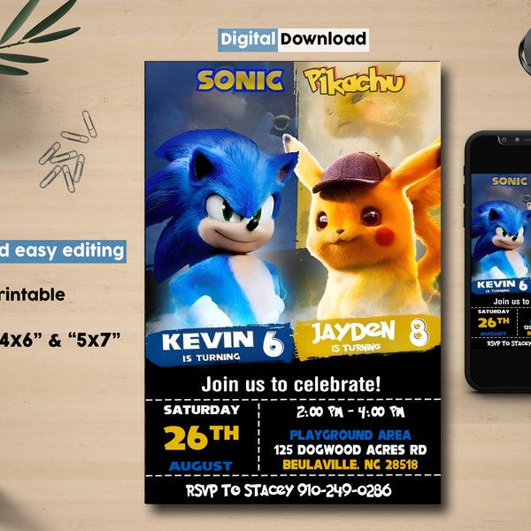 Sonic Pikachu Birthday Invitation, Double Birthday Invitation, Dual Combined Twins Birthday Invite, Boy And Girl Double Invite, Two Theme