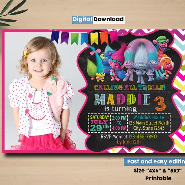 Trolls Birthday Invitation, Trolls Invitation Digital Card, Printable Trolls Invitation, Trolls Party Invitation, Digital Kids Invite