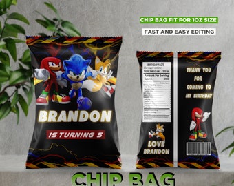 Sonic chip bag, sonic birthday chip bag, sonic party chip bag, sonic the hedgehog chip bag étiquettes, favor bag, chip bag wrapper