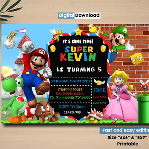 Super Mario Geburtstagseinladung, digitale Karte zum Ausdrucken, Mario Einladung, Super Mario Bros Einladung, druckbar
