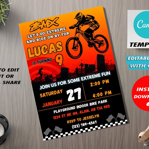 Editable BMX Bike Birthday Invitation, BMX Invitation Template, BMX Party Invite, Bmx street invitation, Mountain Bike Party Invitation