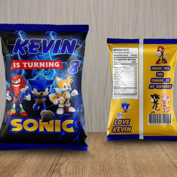 Sacchetti di chip sonici, sacchetto di chip di compleanno sonico, sacchetto di chip di sonic party, sonic the hedgehog chip bag etichette, sacchetto di favore, involucro di chip bag