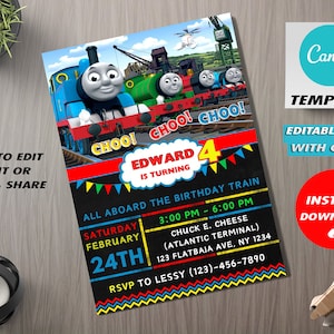 Plantilla de invitación de cumpleaños editable de Thomas el tren, Thomas y sus amigos, invitación de cumpleaños de tren, invitación de tren, invitación digital