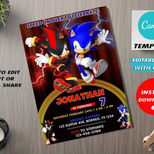 Invito di compleanno modificabile di Sonic Shadow, invito per festa per bambini di Sonic The Hedgehog, modello di invito Shadow, invito digitale di compleanno