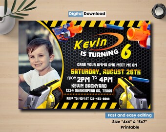 Invitación de cumpleaños de Nerf, invitación de fiesta de Nerf, invitación de cumpleaños con foto, invitación de guerra de Nerf, invitación de fiesta de pistola Nerf, invitación de pistola de dardos