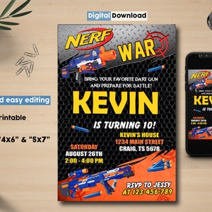 Nerf anniversaire Invitation, Nerf Party Invitation, Invitation d’anniversaire pour les enfants, Nerf guerre inviter, Nerf Gun Party Invitation, Dart Gun inviter