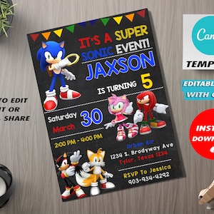 Faire-part d'anniversaire Sonic the Hedgehog modifiable, Invitation numérique Sonic Kids, fête d'anniversaire Super Sonic, modèle d'Invitation Sonic