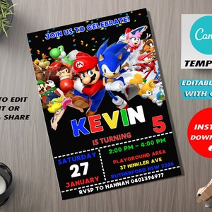 Sonic & Mario-Geburtstags-Einladung, Doppel-Themeneinladung, Dual-Kombinierte Geburtstagseinladung, Sonic und Mario-Einladungsvorlage
