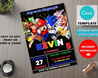Sonic & Mario Birthday Invitation, Double Theme Invitation, Dual Combined Birthday Invitation, Sonic And Mario Invitation Template