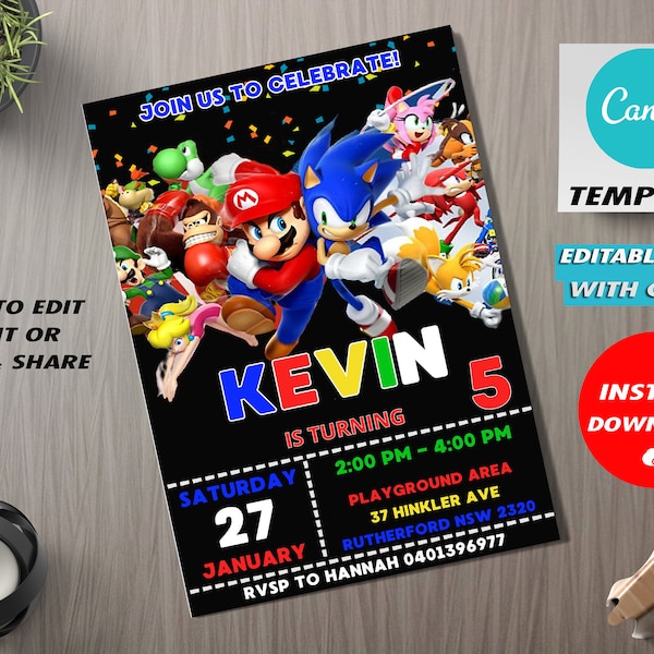 Sonic & Mario Birthday Invitation, Double Theme Invitation, Dual Combined Birthday Invitation, Sonic And Mario Invitation Template