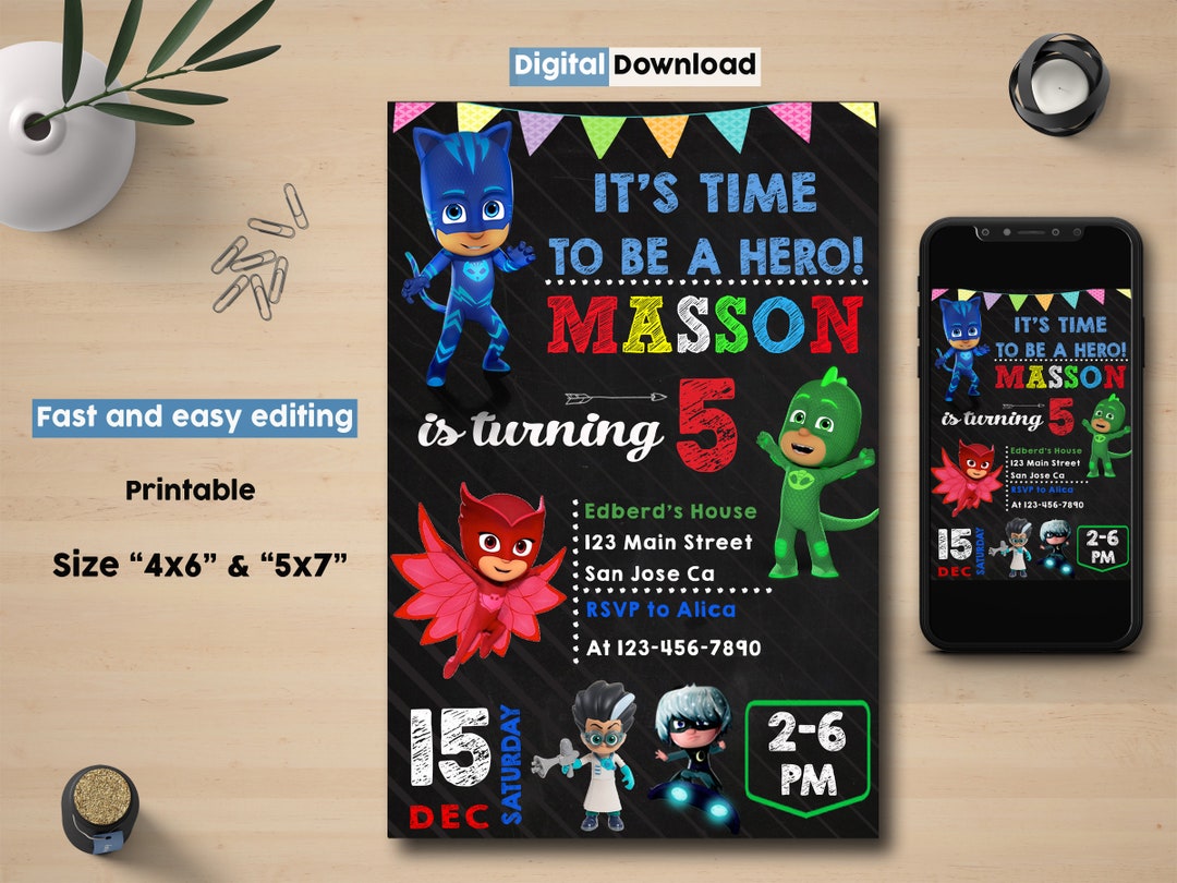 PJ Masks Birthday Invitation, PJ Masks Invitation, PJ Masks Digital ...
