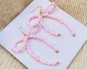 Pink Bow Aesthetic Drop Earrings Beaded | Hypoallergenic | Lightweight | Handmade | Set ( 2 Earrings)