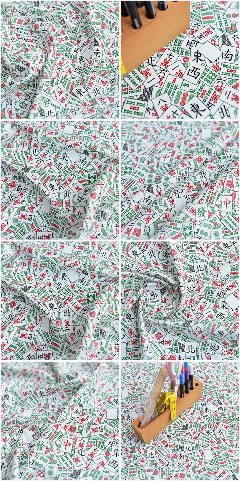 May include: White fabric with a repeating pattern of green and red mahjong tiles. The tiles feature Chinese characters and symbols.