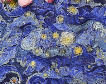 Tela de Van Gogh con dibujos animados de la noche estrellada, 100 % algodón, con pintura al óleo, por media yarda