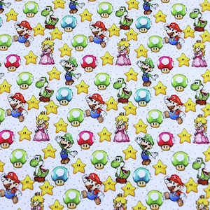 May include: A white background with a repeating pattern of green, red, and yellow cartoon characters. The characters include Mario, Luigi, Princess Peach, Yoshi, and mushrooms. The background is covered in small white dots.