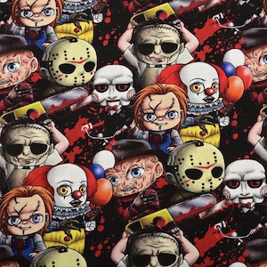 Halloween Stoff, Gothic Stoff, Jason Stoff, Freddy Stoff, Chucky Stoff, Cartoon Stoff, Baumwollstoff Meterware Film Stoff