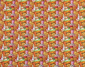 May include: A colorful seamless pattern featuring a variety of cartoon food items, including tacos, fries, ice cream cones, and milkshakes. The background is a bright orange color.